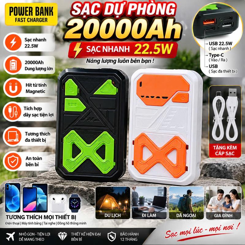 Sạc Dự Phòng 20.000 mAh, Sạc Nhanh 22.5W, Có Dây Gắn Trong, Sạc Không Dây