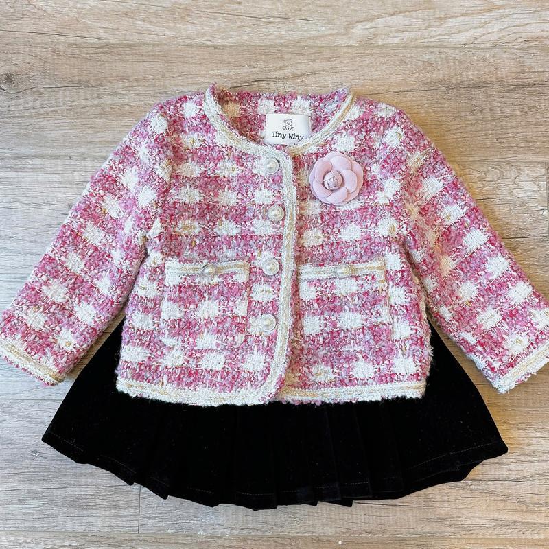 A19 Tiny Winy - Set áo khoác dạ đan phối cúc ngọc hoa trà cho bé gái