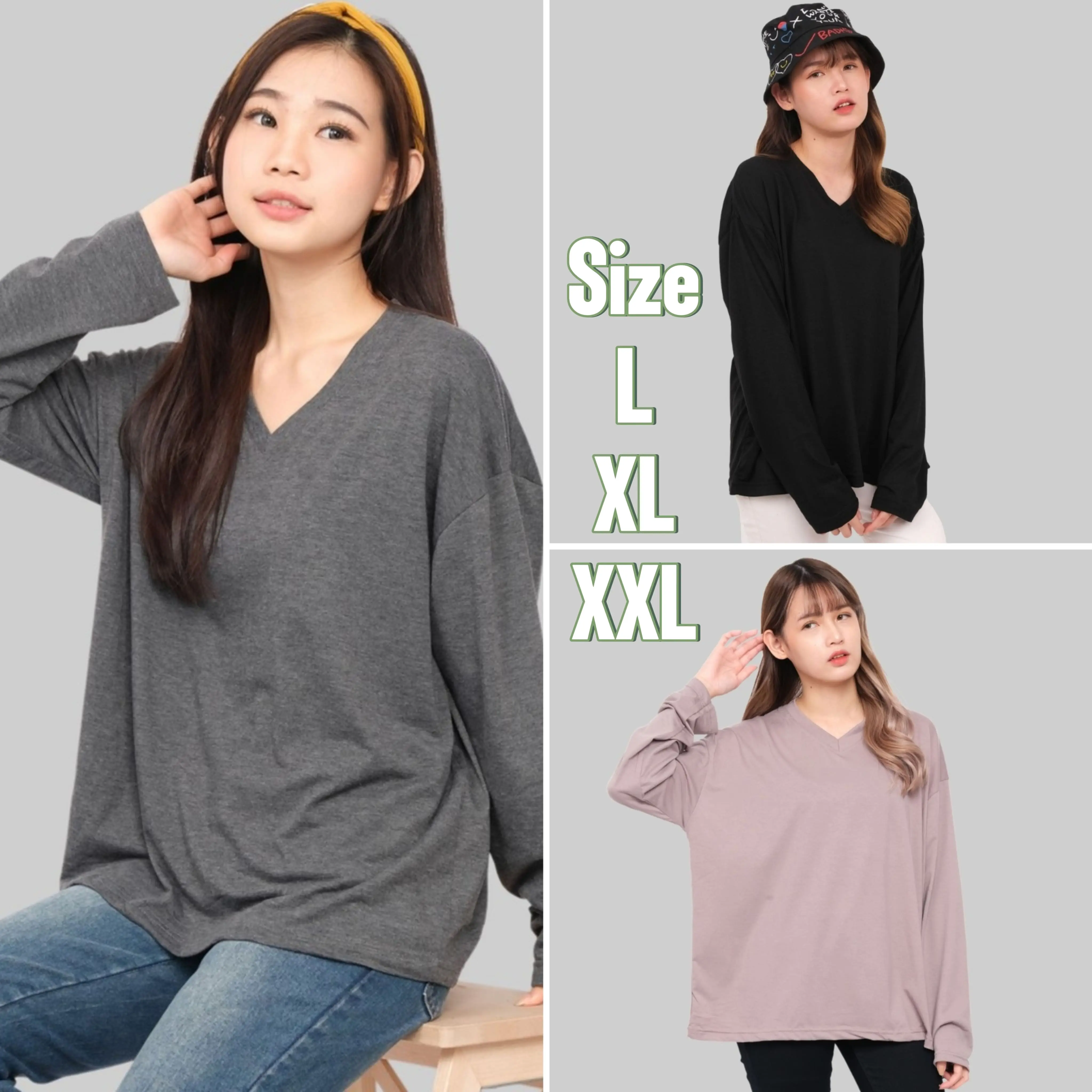 Baju Atasan Pakaian Kaos Kaus T Shirt Oversize Longsleeve Adem Bahan Spandek V Neck Basic Oblong Polos Warna Hitam Merah Maroon Navy Putih Army Abu Remaja Fashion Wanita Cewek Perempuan Dewasa Tangan Lengan Panjang XXL Jumbo Terbaru Kekinian Murah