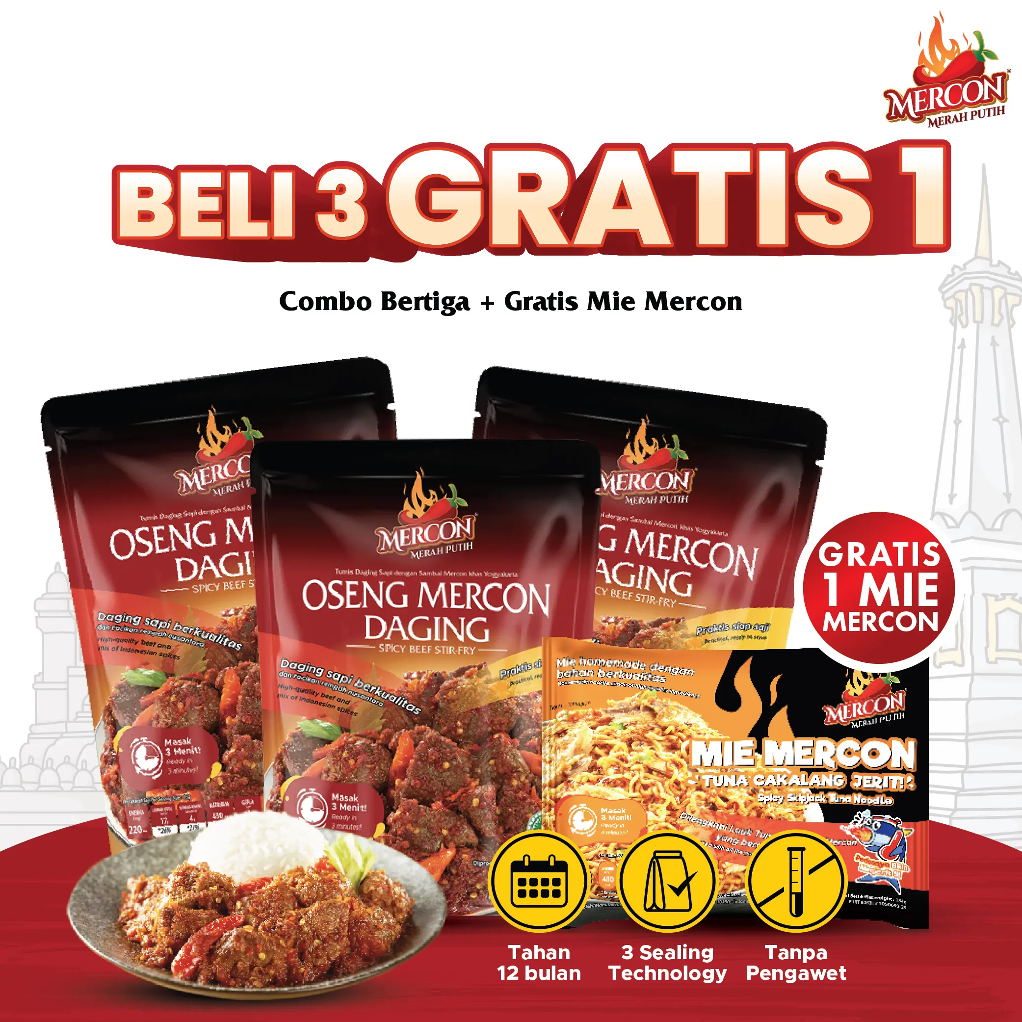[ BELI 3 GRATIS 1 ]-[ Hanya Di Live ] Mercon Merah Putih - Combo Bertiga  3 Pack Oseng Mercon Daging / Makanan Kaleng Siap Saji / Iga Mercon / Sambel Iga Food Instan Pedas + GRATIS MIE MERCON CKALANG