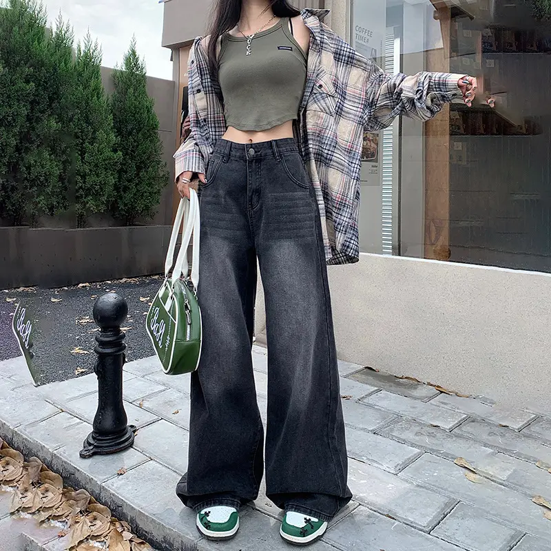 UNISEX Celana panjang jeans wide leg washed loose fit pria wanita retro straight street style skena gombrong 3