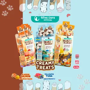 Olive Care PAKET CREAMY TREATS 16gr UP SIZE Isi 5pcs Snack Cemilan Kucing Bernutrisi dengan Daging Tuna/Salmon/Ayam Asli
