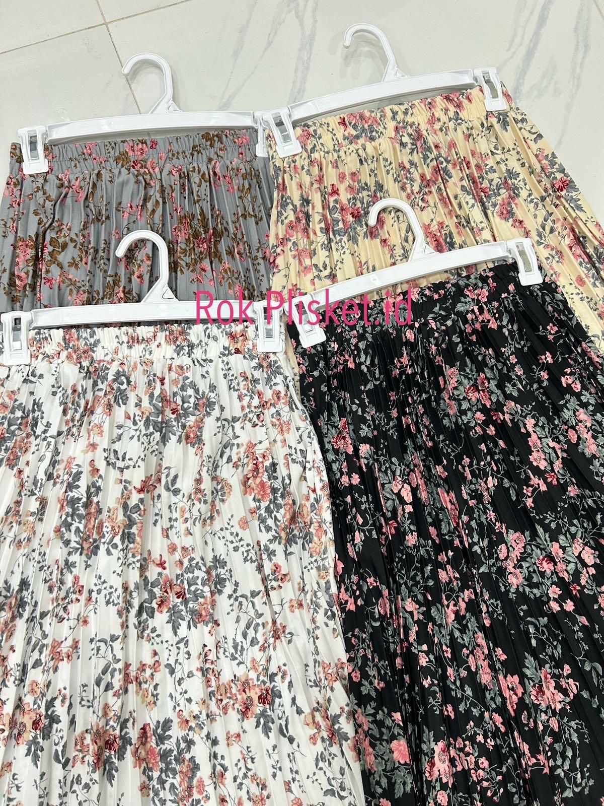 Rok Plisket Panjang Wanita Muslim Motif Bunga Tulip