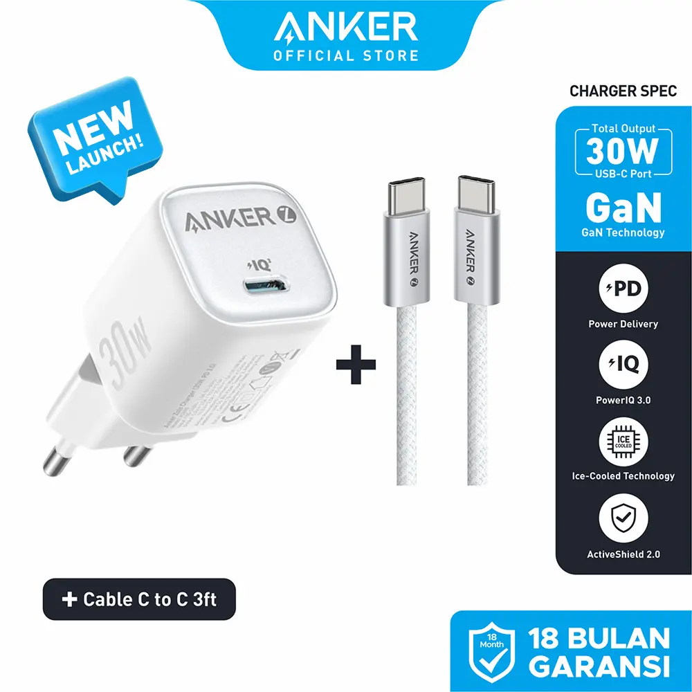 Anker Zolo GaN 30W 20W Adaptor Kepala Charger iPhone 16 15 14 13 12 11 Samsung Type C PD Ice-Cooled Fast Charging - A2698/A2699