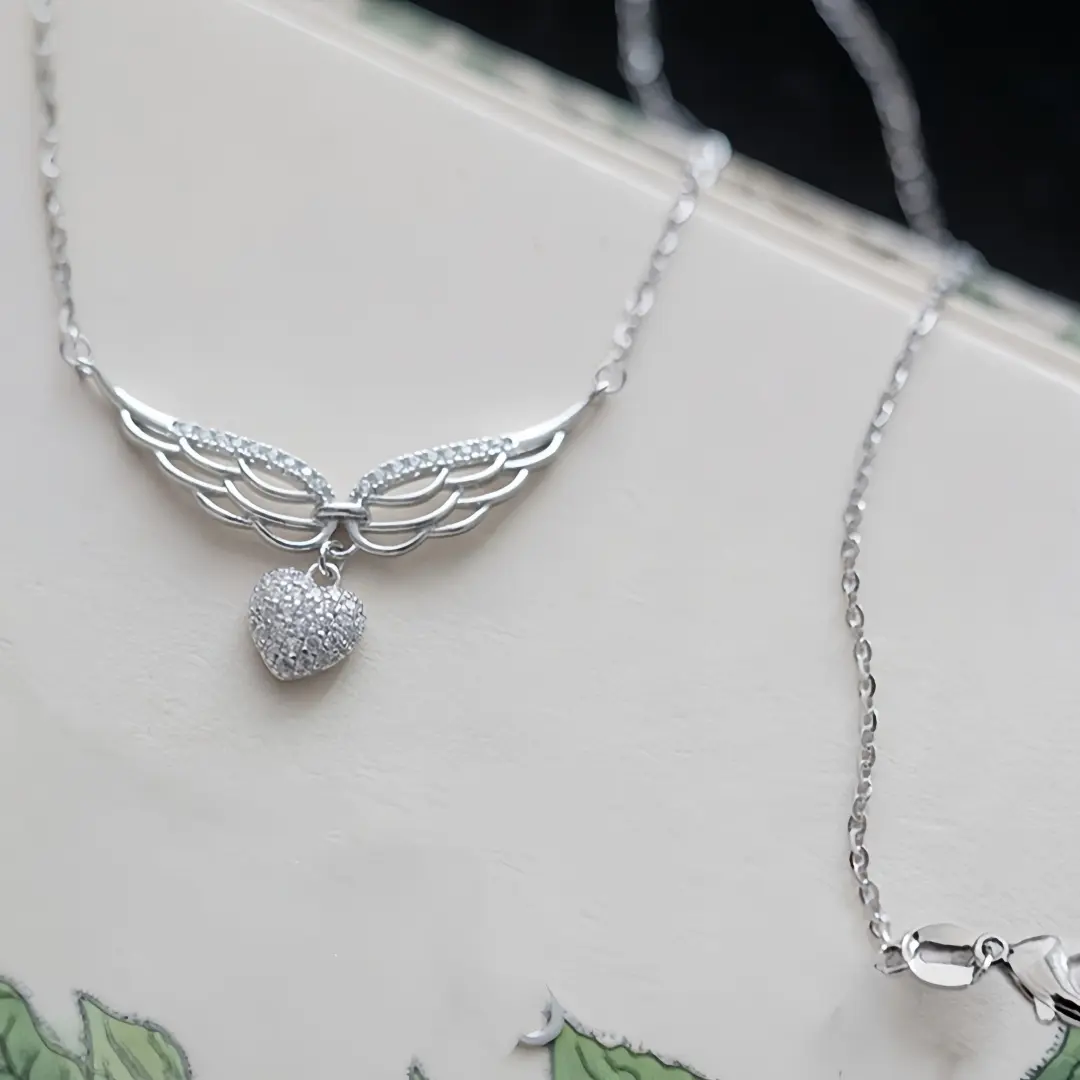 Kalung Sayap Malaikat Hati Zirkon Panjang Kalung  • Berlapis Perak • Anti Karat Anti Luntur • Cocok OOTD Harian • COD