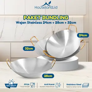 [DAPAT 3] 24 28 32CM Silver Wajan Penggorengan Kuali Mini Stainless Steel Gagang Kuping