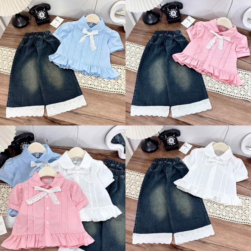 (Shopmesockids) Sét áo sơ mi ren nơ thô  mix quần jean bò viền ren cho bé gái