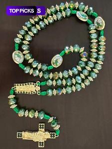 Collar de cuentas de rosario de Pascua, Collar con colgante decorativo de cristal artificial vintage, Joyería católica hecha a mano con dijes de bendición para mujeres y hombres, Regalo de cumpleaños