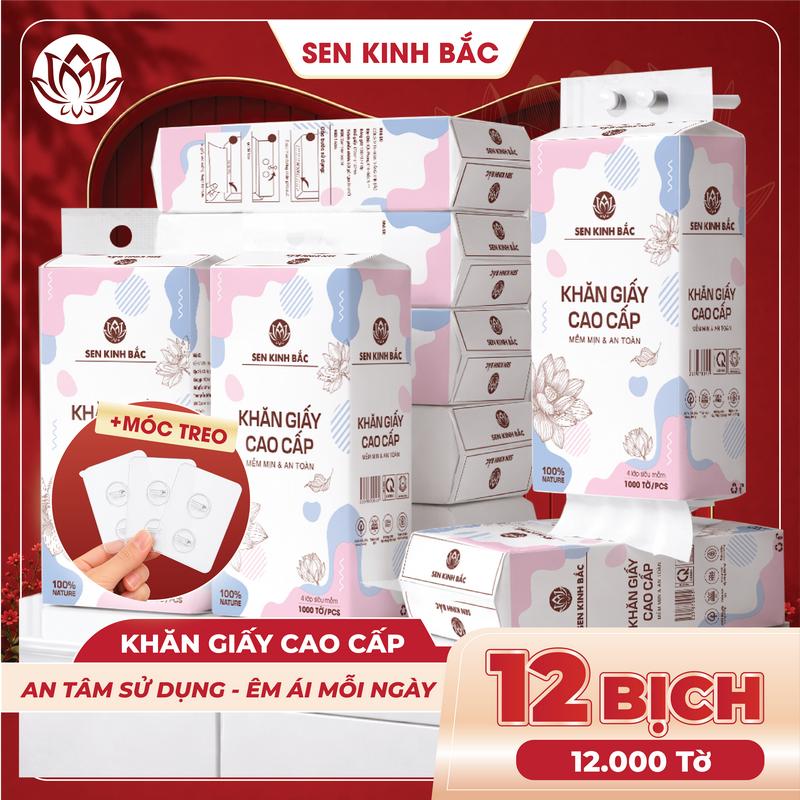 [ COMBO 12 BỊCH ] Giấy Treo Tường Sen Kinh Bắc 1000 Tờ 250 Lần Rút 4 Lớp Mềm Mịn, kích thước 170*130mm, Giấy đa năng rút đáy thành phần bột gỗ tự nhiên 100% , an toàn lành tính