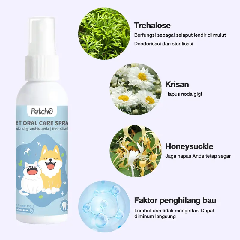 Petcho Semprotan Oral Hewan Peliharaan Obat Kumur Kucing Penyegar Napas Kucing Semprotan Penyegar Napas Anjing Membasmi Bakteri Hilangkan Bau 100ML 1