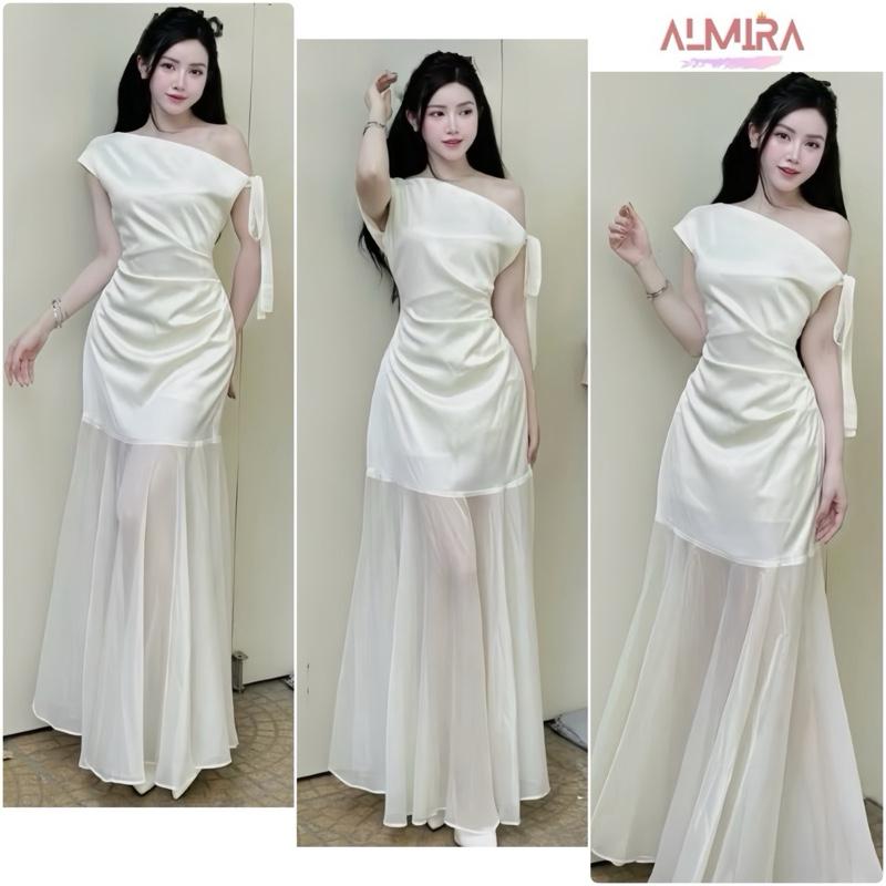 Váy Nữ Dự Tiệc Màu Kem Trễ Vai Lệch Vai Thắt Nơ Vai Phối Tơ Óng Xoè Đuôi Cá Sang Xinh