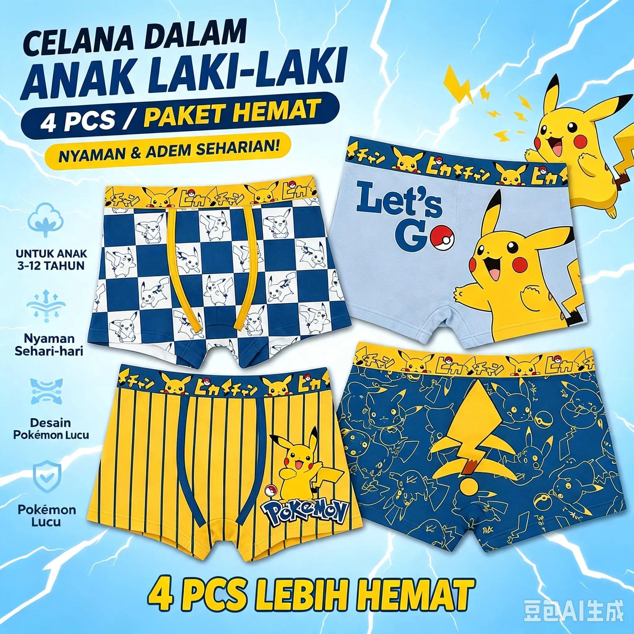 Celana Boxer Anak Laki Usia 4-13 Tahun Isi 4pcs, Bahan Halus, Banyak Pilihan Motif Kartun, Tahan Cuci Mesin, Bisa Dipakai Luang Ukuran L-3XL Harga Murah