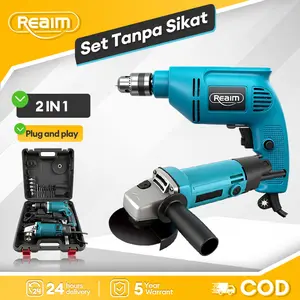 REAIM 13mm Bor dan Gerinda / Mesin Bor Listrik & Gerinda Tangan 2 in 1 dengan Kecepatan Variabel 0-3000 RPM / Paket Alat Perkakas untuk Kayu, Logam & Tembok + Baterai Lithium dan Sistem Keamanan Ganda