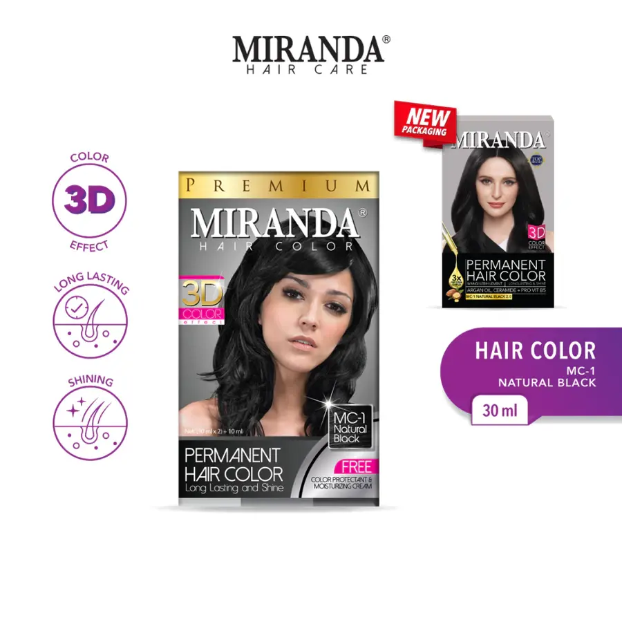 Miranda Hair Color (Cat Rambut ) MC1 Natural Black 30ml Box Hitam Pewarna Dye penghilang  uban permanen Penghitam cat  rambut penghitam  rambut  permanen