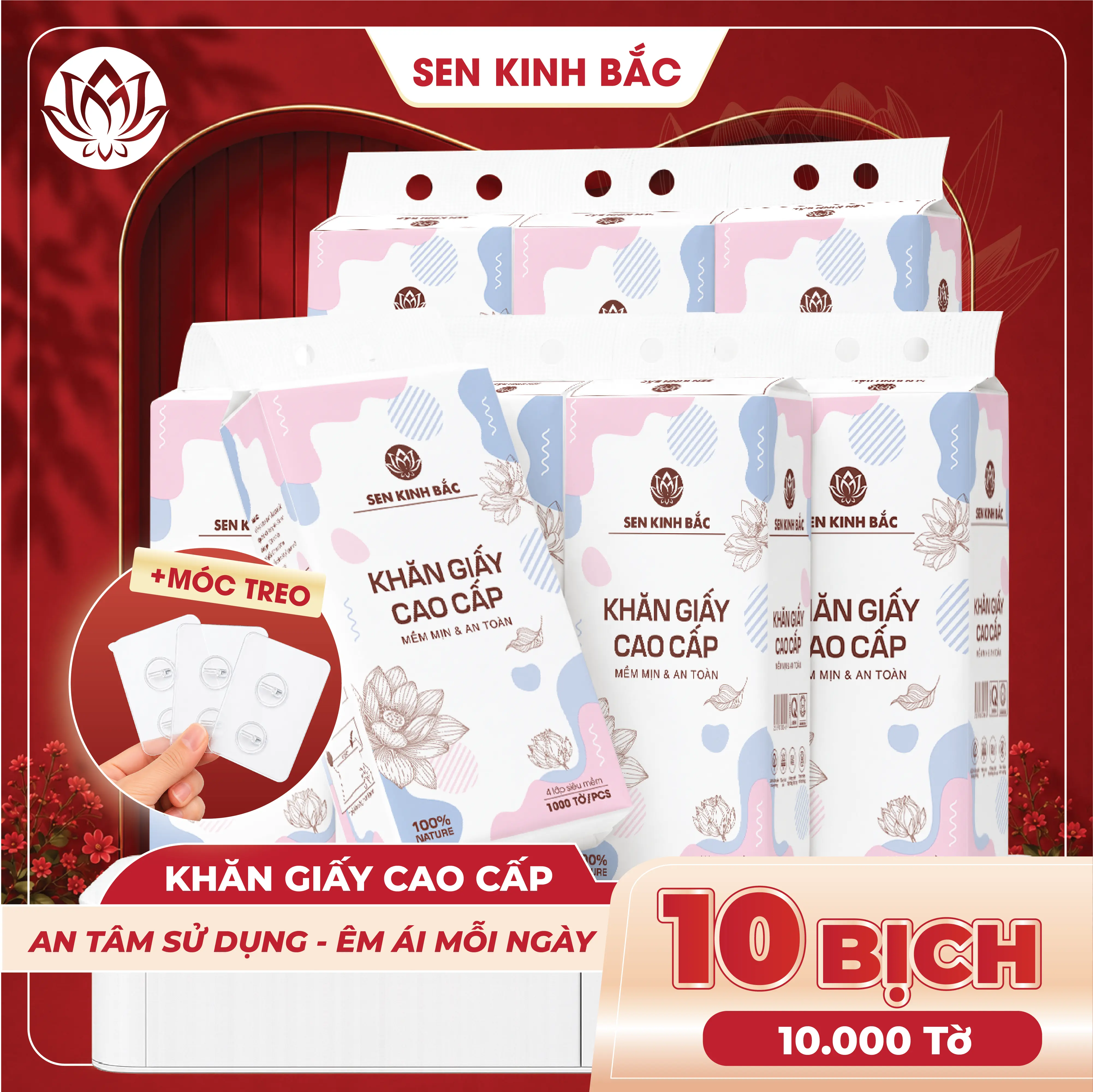 [ THÙNG 10 BỊCH ] Giấy Treo Tường Sen Kinh Bắc 1000 Tờ 250 Lần Rút 4 Lớp Mềm Mịn, kích thước 170*130mm, Giấy đa năng rút đáy thành phần bột gỗ tự nhiên 100% , an toàn lành tính