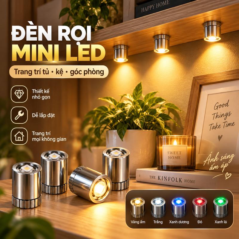 Đèn Rọi Mini LED Đa Màu, Đèn Spotlight Chiếu Điểm Nhỏ Gọn Cho Tủ Kệ, Ánh Sáng Tập Trung, Đèn Decor Phòng Ngủ, Tủ Trưng Bày, Kệ Sách, Gaming, Trang Trí Nhà Cửa Hiện Đại