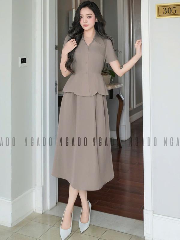  Set áo váy peplum nâu NGADO  set áo váy dài  set áo váy kiểu Nữ 
