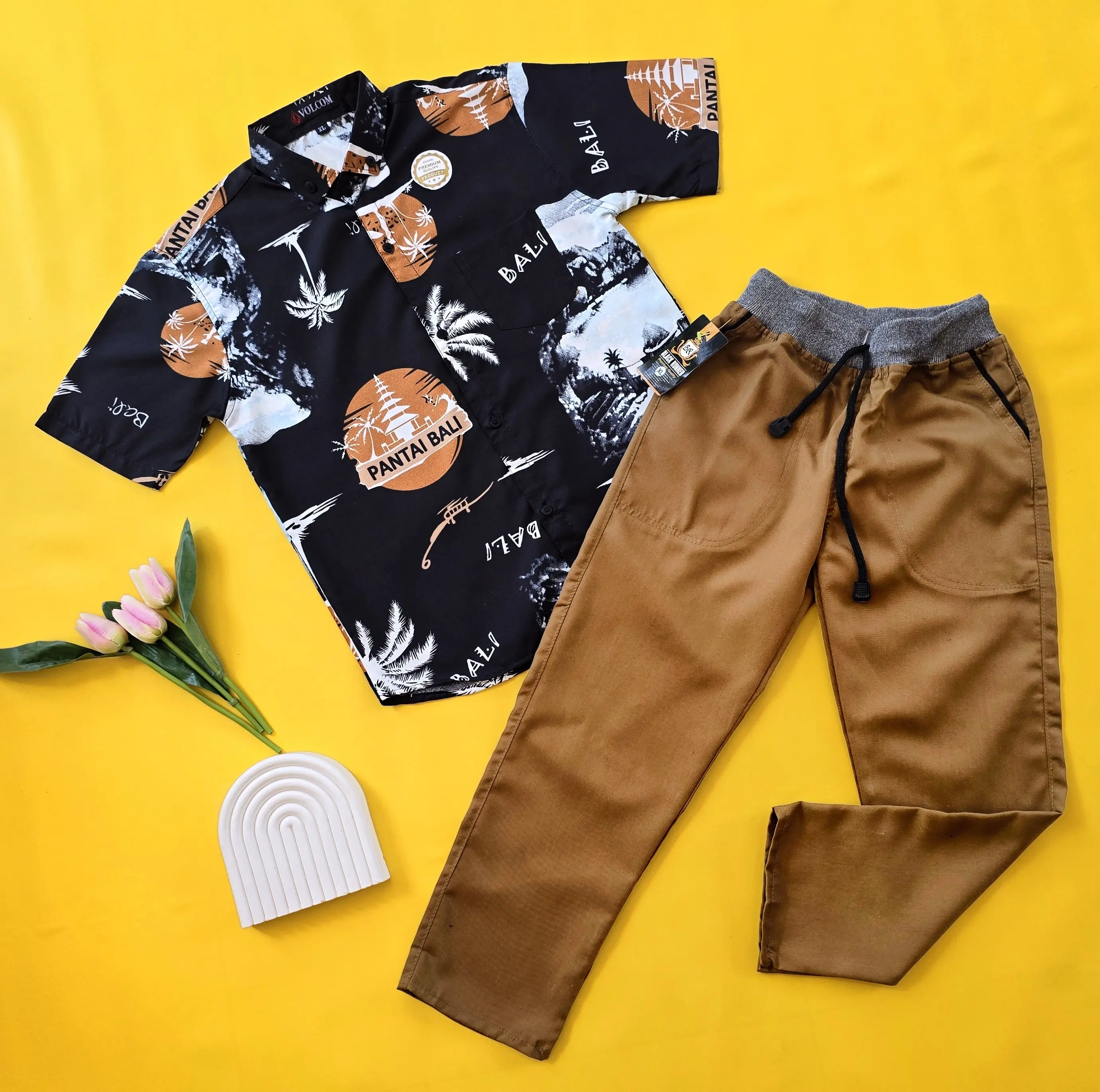 Setelan Kemeja Anak Motif Anak Laki-laki Lengan Pendek Chinos Panjang Usia 4-12 Tahun By Halogan Kids