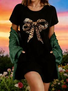 Vestido Casual de Manga Corta para Mujer con Detalle de Lazo Estampado Leopardo - Vestido Relajado hasta la Rodilla, Lavable a Máquina, Moda Diaria, Tejido Fácil Cuidado, Material Transpirable, Cuello Redondo, Ropa Adulto, Primavera-Verano
