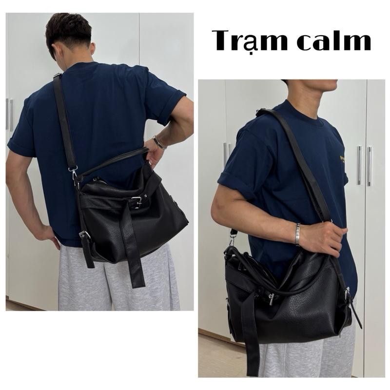 @tramcalm- Túi xách da đeo 2 kiểu phối đai thắt da PU dày dặn unisex