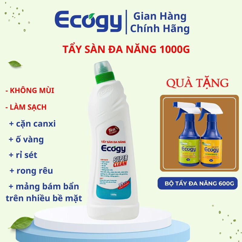 ECOGY ; Deal độc quyền - Tẩy sàn đa năng 1000g; Hỗ trợ làm sạch vết ố cặn canxi rỉ sét rong rêu và các mảng bám bẩn bám chặt trên bồn cầu vách kính gương soi chậu rửa mặt sàn gạch men nền xi măng đá granite; Không mùi