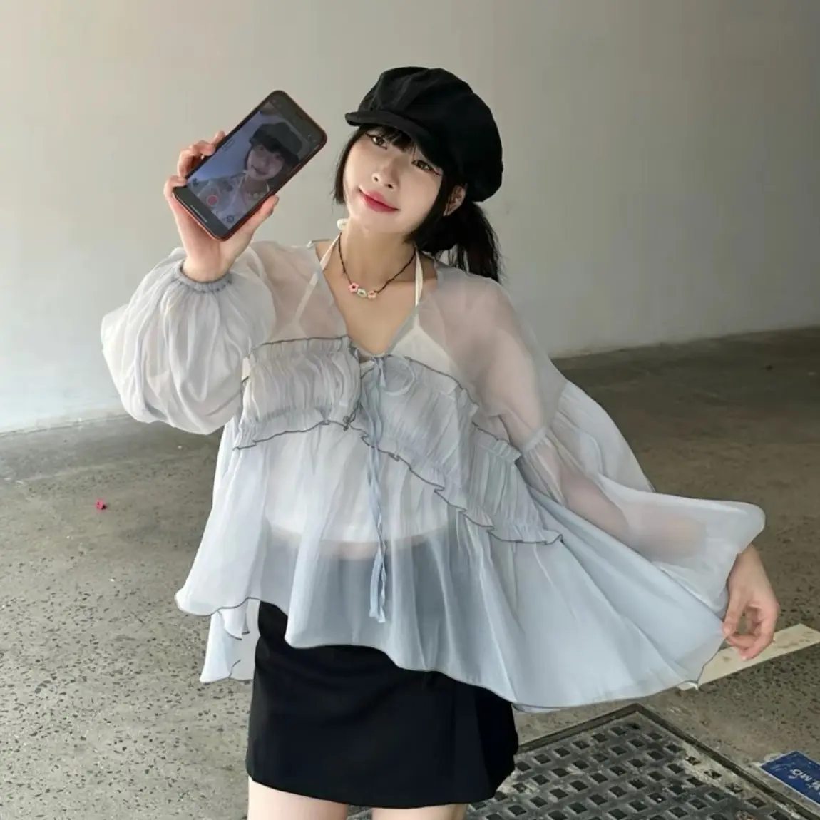 Áo Baby Doll Tay Dài Chất Tơ Kèm Áo Bra Cổ Yếm Có Ảnh Thật