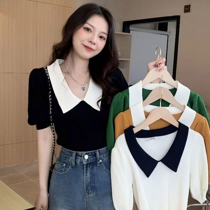 Product Introduction of Baju Fashion Wanita Rajut Style Polos Kerah V Atasan Knit Lengan Pendek Korean 18