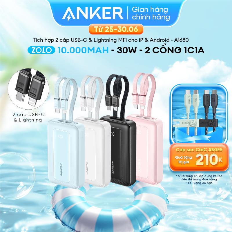 Sạc dự phòng Anker Zolo 10kmAh/20kmAh 30W | Tích hợp sẵn 2 cáp USB-C 30W & cáp Lightning đạt MFi 27W | 2 cổng 1C1A hỗ trợ sạc nhanh cho iPhone Android | Sạc nhanh nhiều thiết bị cùng lúc - A1680/A1681