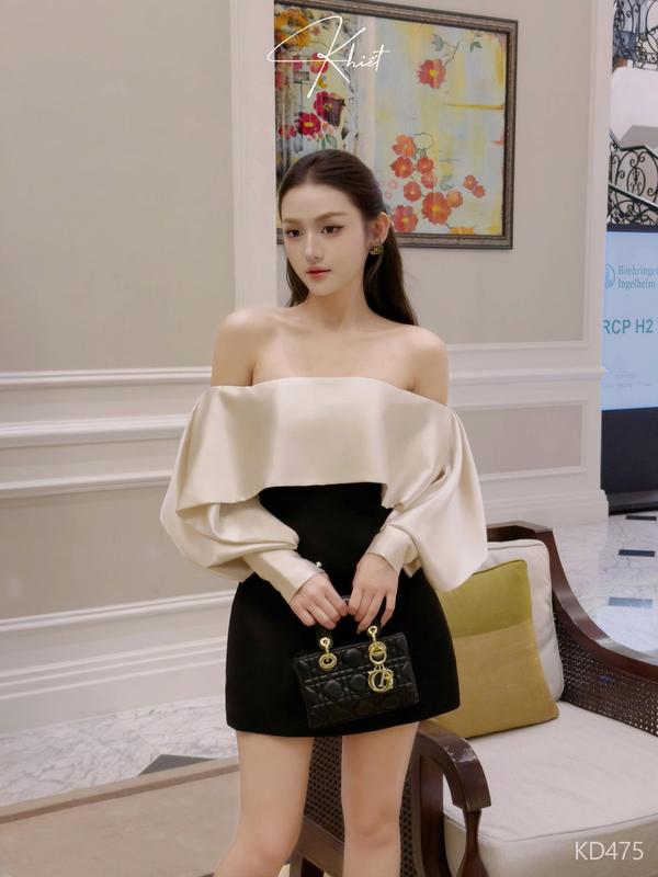  Đầm lụa trễ vai phối kem & đen thanh lịch thiết kế tay phồng Khiết phong cách tiệc sang trọng KD475 