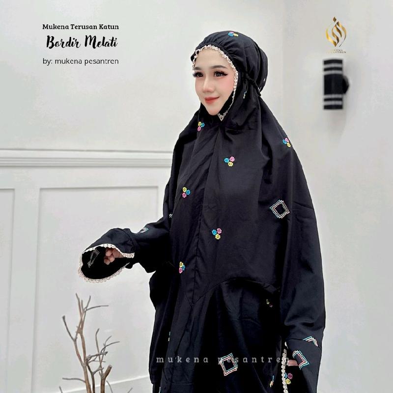 Mukena Terusan Bordir Tabur Motif Melati Katun Mikro Cantik Dewasa Kain Nyaman Panjang Tebal mukena  tangan langsungan 3