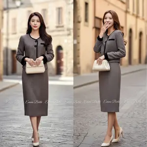 Emma.Butik E00702 Setelan Tweed Formal Wanita Setrok Midi Blazer Kantor Kerja Abu Lengan Panjang Busui Friendly
