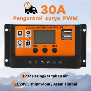Solar Charge  controller Pengontrol Tenaga Surya PWM 30A Pengisian dan Pengosongan Lampu Jalan Tenaga Surya LED Pengontrol AKI 12V/24V Pengontrol Baterai Charger Panel Surya Kabel-10A