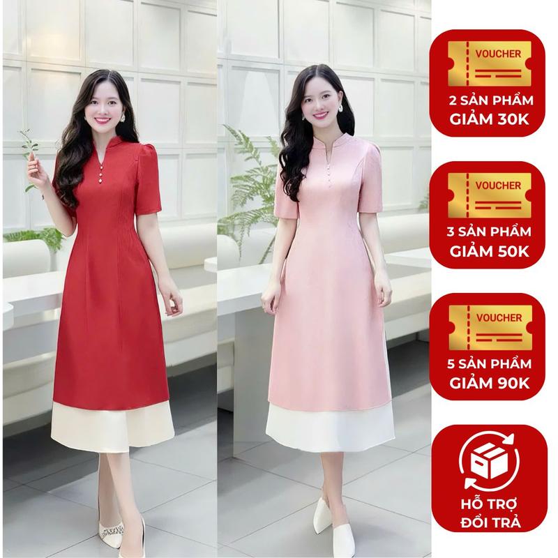 Áo dài nữ cách tân thiết kế Nhât Vy cổ tàu đính hạt ngọc tay ngắn chất gấm kèm chân váy lụa chụp ảnh tết - D3208