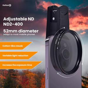 ฟิลเตอร์ปรับได้แบบตัวเลข ND สีน้ำเงิน Wow รุ่น ND2 ถึง ND400 สำหรับโทรศัพท์ iPhone หัวเว่ย เสี่ยวหมี่ ขนาดคลิป 52 มม. เลนส์สีเทาป้องกันเลเซอร์ เหมาะสำหรับการถ่ายภาพในวันแดด อุปกรณ์เสริมกล้อง