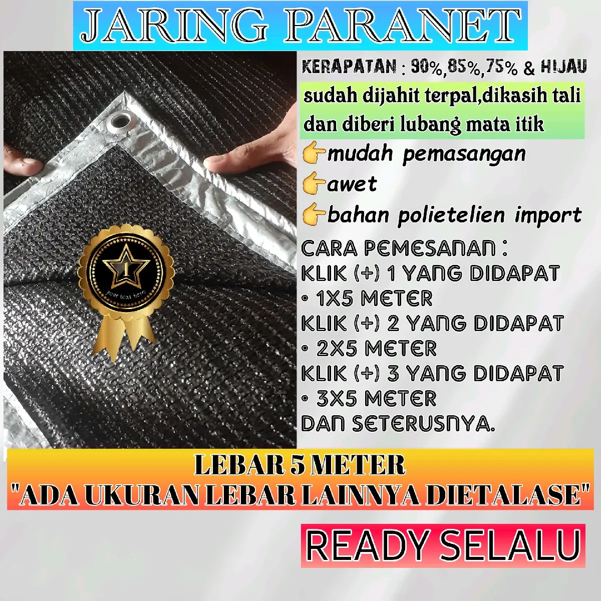 Jaring Paranet Lebar 5 Meter Sudah Dijahit Terpal dengan Tali dan diplong