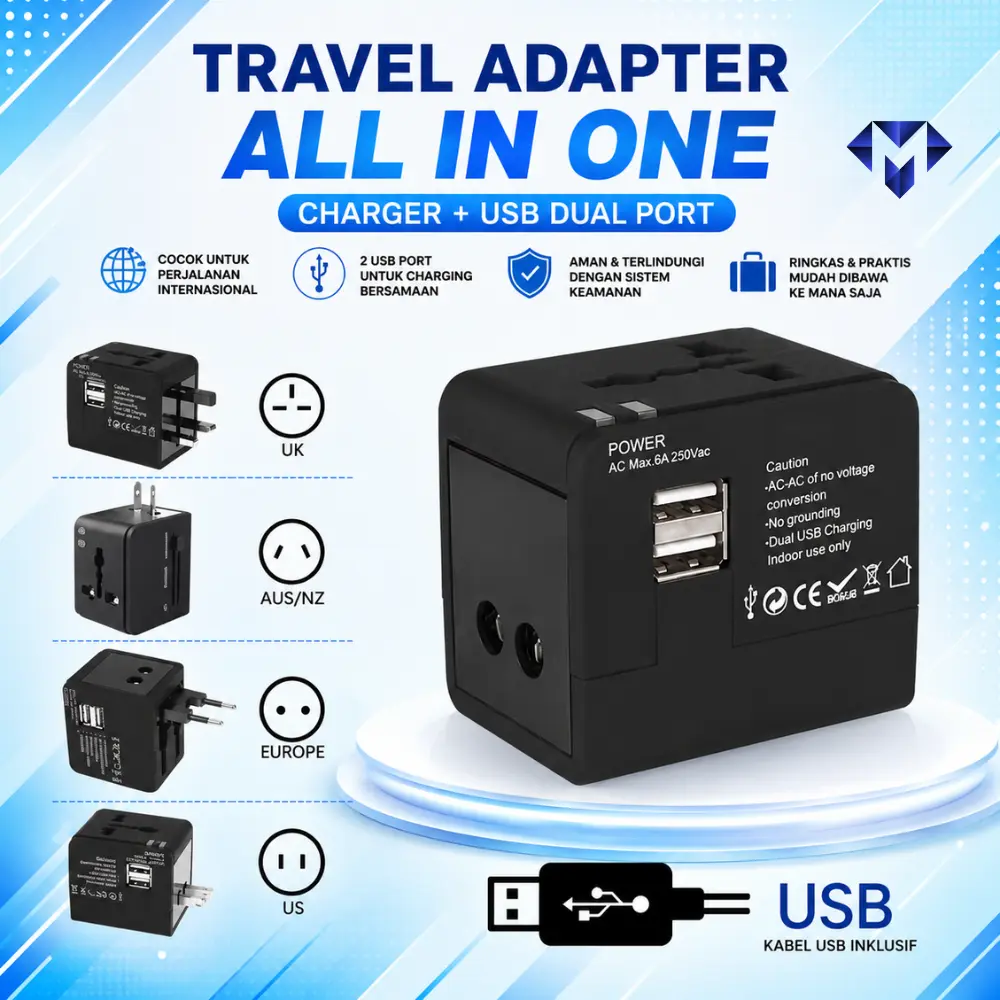 Konverter Soket Universal Adaptor Perjalanan dengan Colokan Internasional dan Pengisi Daya USB AU UK US JPN - MS