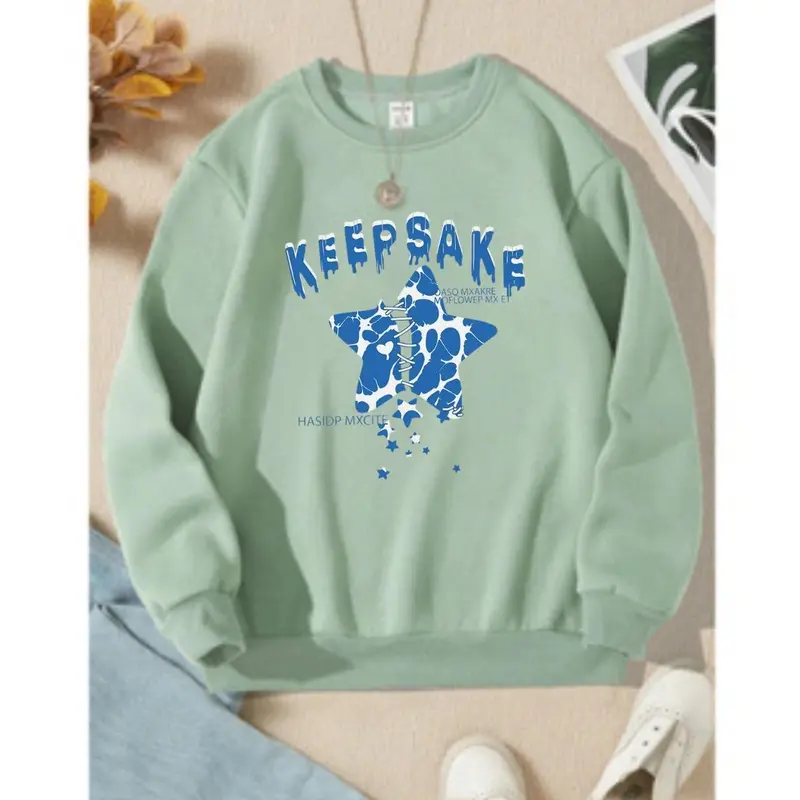Crewneck Pullover Lengan Panjang Basic Cotton Fleece Tebal / Sweatshirt Flooking Simple Logo Star Keeps Sake / Sweater Pria Wanita Size M-L-XL / CN Distro Murah 1