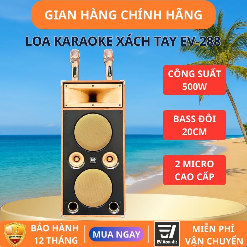 Loa Xách Tay EV-288 Bass Đôi 20cm, 2 Treble Hỏa Tiễn, 1 Treble Kèn, Công Suất 500W, Thùng Gỗ, Micro Kim Loại Sạc Cao Cấp