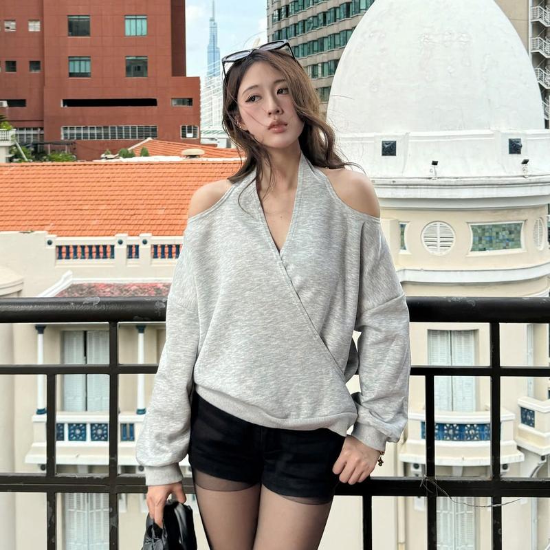  Áo Sweater Trễ Hở Vai Kiểu Nữ Vải Nỉ 2 Da Dáng Trễ Vai Mùa Thu Đông Kimee - KA621 