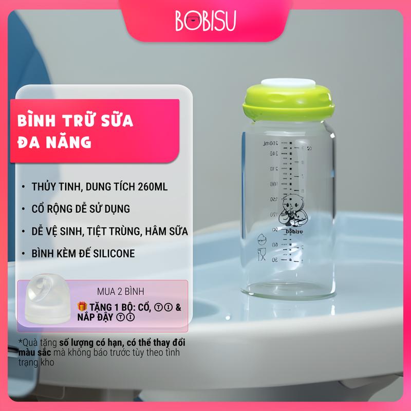  BOBISU | Bình Trữ Sữa Mẹ Cho Bé Làm Từ Thủy Tinh Cao Cấp Dung Tích 260ml  Mua 2 Bình Tặng Cổ Trắng Ty Nắp Đậy Ty  
