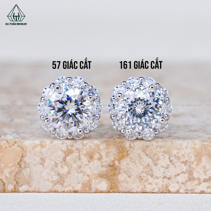   Hà Tuấn Jewelry  Bông Tai Bạc 925 Xi Kim FULL MOISSANITE Viên Chủ 5-6mm EX038 