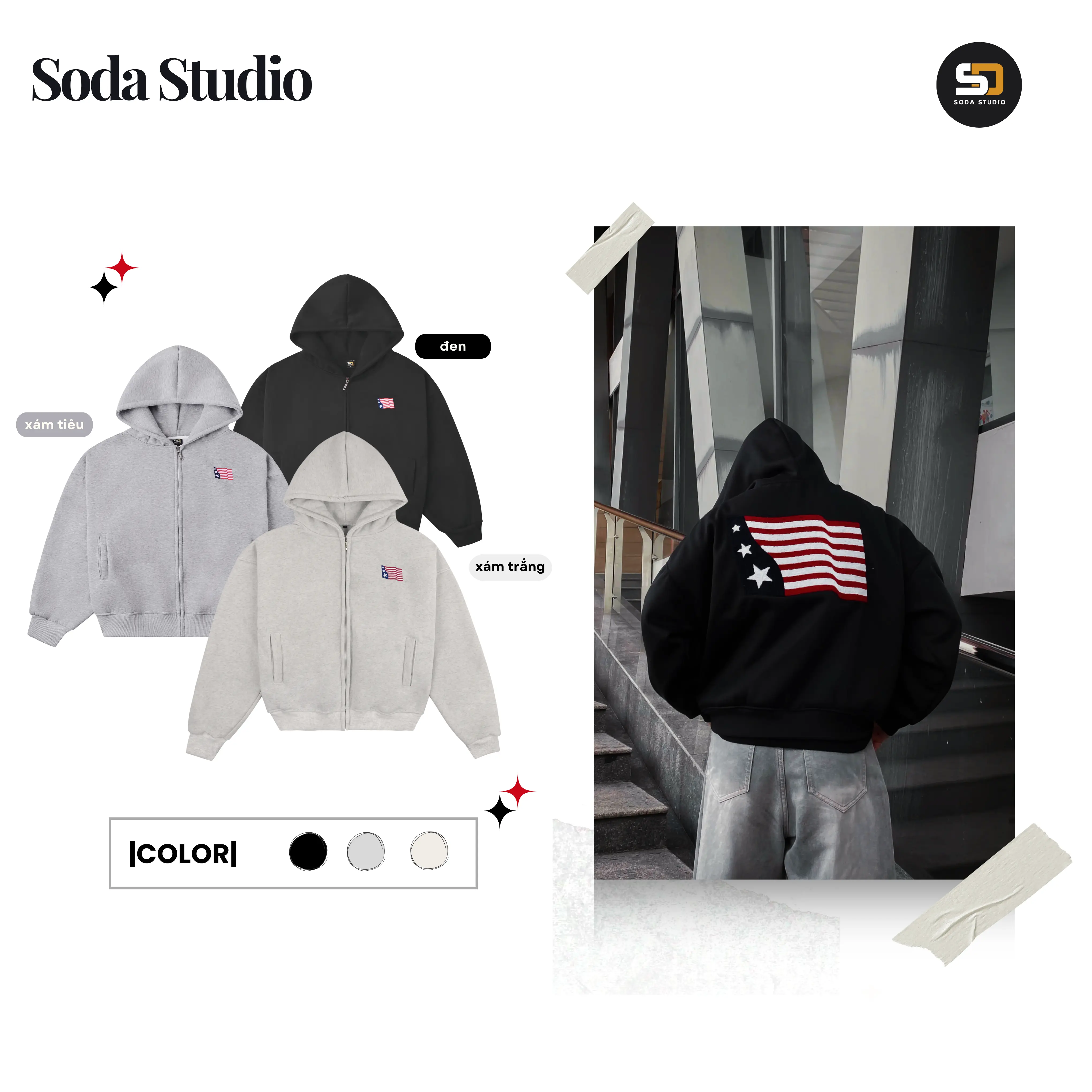 (Mở bán) Soda Studio| Áo Hoodie Form Boxy Thêu xù Three Stars Lá Cờ – Áo khoác Thời trang Có Túi & Dây Nón Unisex Nam Nữ Top Menswear