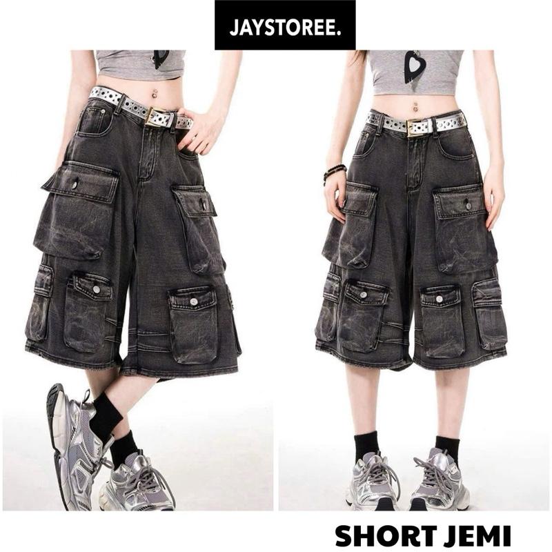  Jaystoree | Quần Shorts Jean JEMI túi hộp màu XÁM XANH form Unisex  Quần ngố bò denim cargo ống rộng 