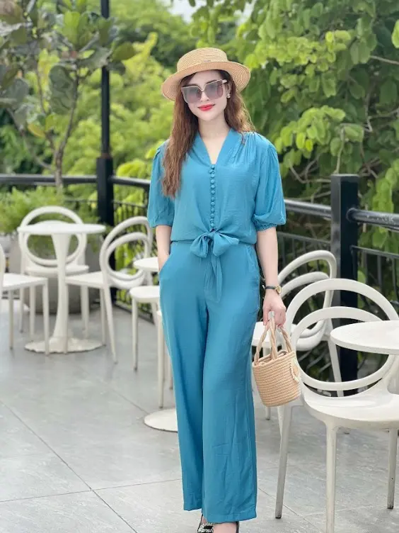Set đồ bộ nữ, áo tay lỡ quần dài lưng thun, bộ đồ nữ mùa hè, chất vải đũi tơ mềm, mịn, mã B243 5