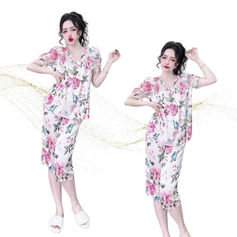 B9 Đồ bộ lụa latin phối vôn tơ tiểu thư quần lửng họa tiết trẻ trung, chất mềm mượt, phom chuẩn đẹp từ 40-75kg