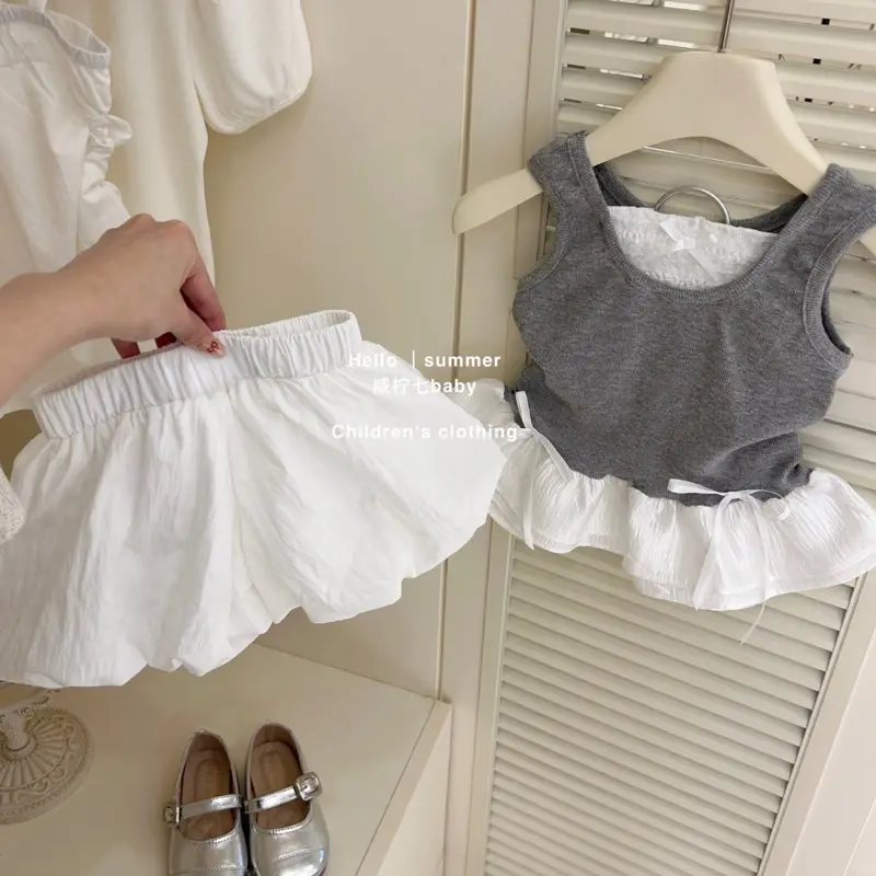 (Shopmesockids ) Quần áo hè,Sét áo xám mix quần trắng kiểu dáng bí phong cách Hàn cho bé gái