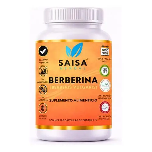 Berberina 100% Pura Con 120 Cáps | Suplemento Alimenticio | Saisa Herbal | Metabolismo, Salud Cardiovascular y Control del Peso