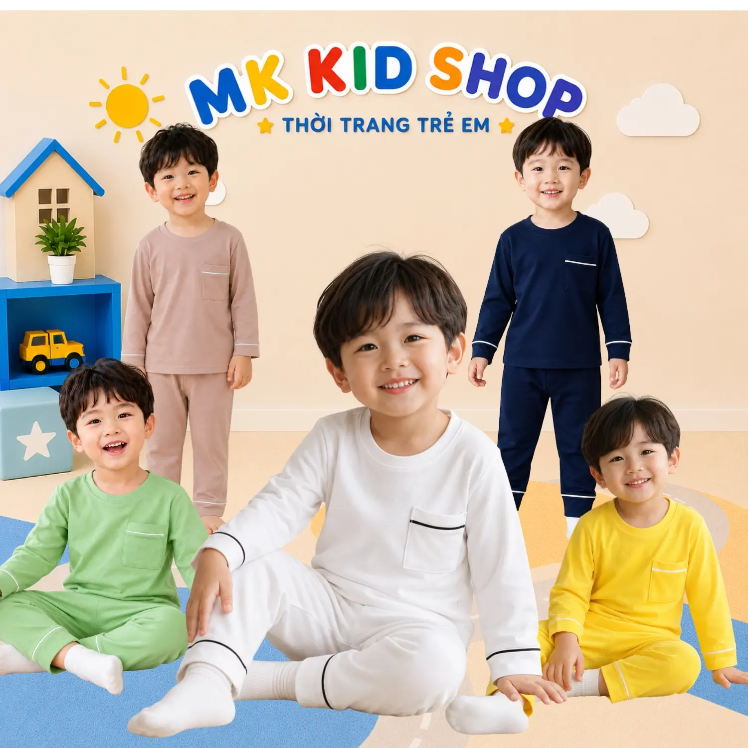 MKKIDSHOP Bộ Đồ Dài Tay Phong Cách Hàn Quốc Cho Bé Trai Bé Gái Size 7-31KG Thun Lạnh Mềm Mát Cho Bé Mặc Nhà Mặc Ngủ Unisex 10 Màu