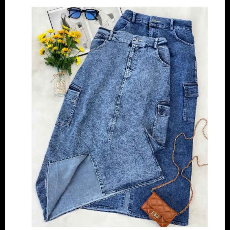 Zifana-Rok Jeans Cargo Belah Depan Korean Style Melar Variasi Kantong samping 0