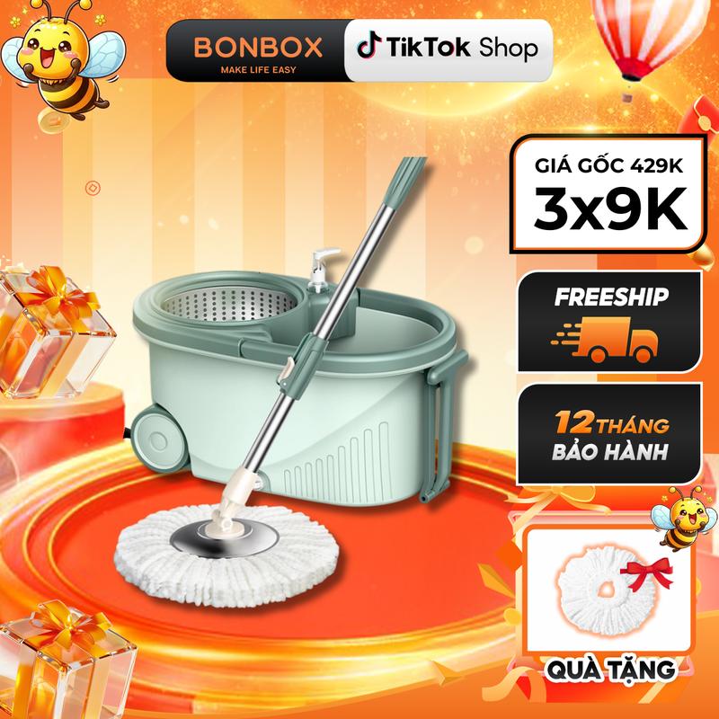 Bộ lau nhà cao cấp xoay 360 độ BONBOX BCT704 và BCT706 tự vắt thông minh, mâm lau inox, có bánh xe trợ lực - Hàng chính hãng Lau Sàn Cây Lau Nhà